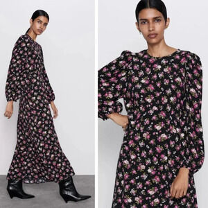 Zara Floral Print  Midi Dress Black Pink Size Small